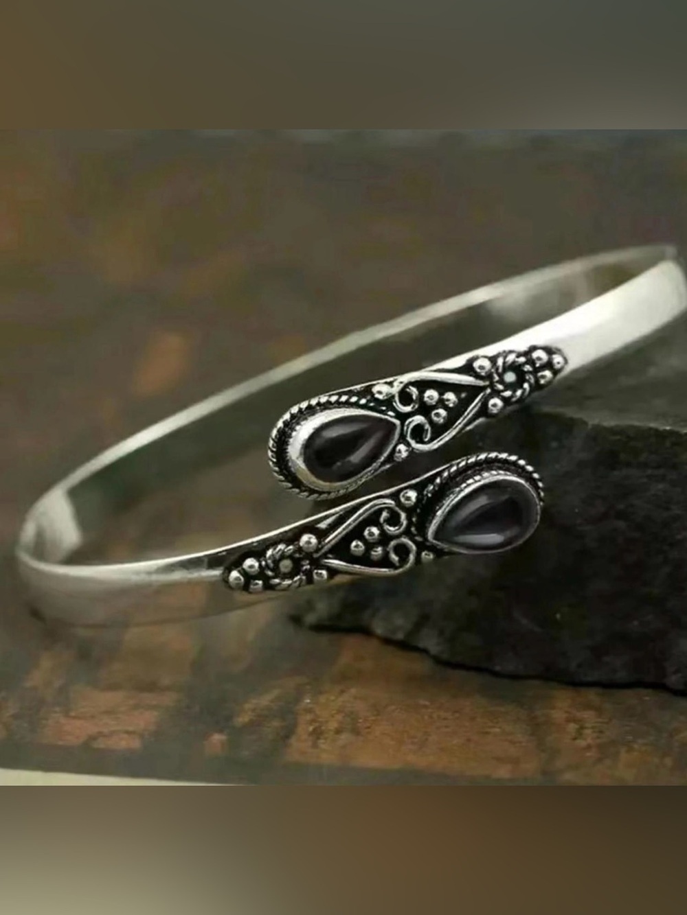 Silver Open Cuff Bracelet with Black Teardrop Stones